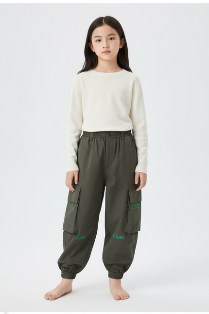 Pantalon Cargo Kaki Ample Décontracté Enfant Poches - Coton