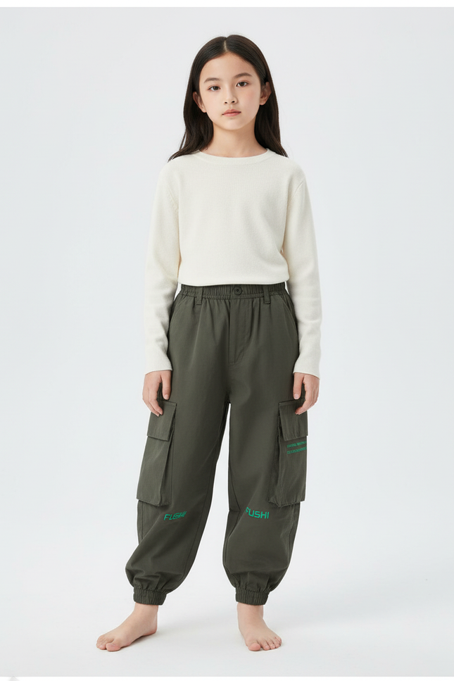 Pantalon Cargo Kaki Ample Décontracté Enfant Poches - Coton