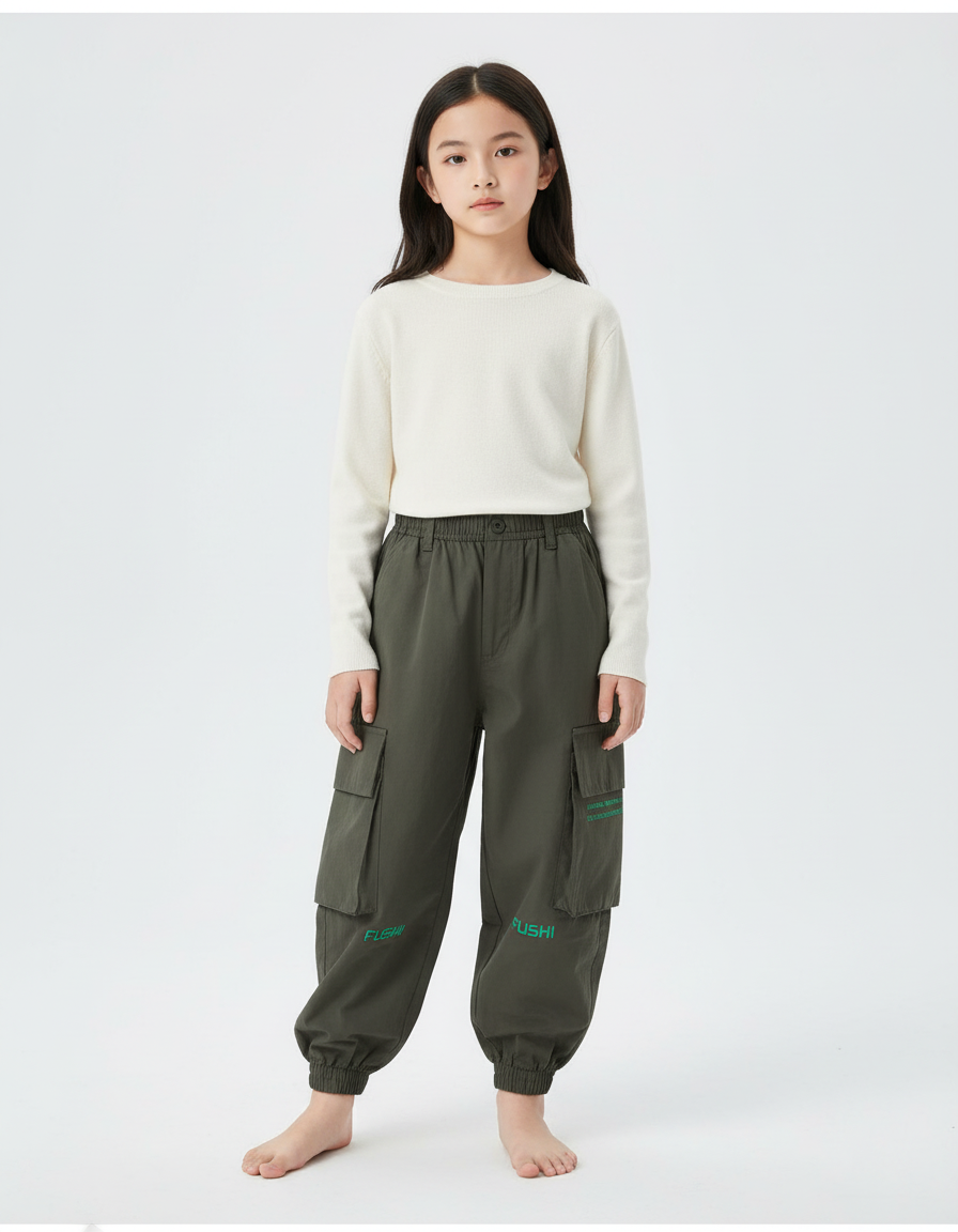 Pantalon Cargo Kaki Ample Décontracté Enfant Poches - Coton