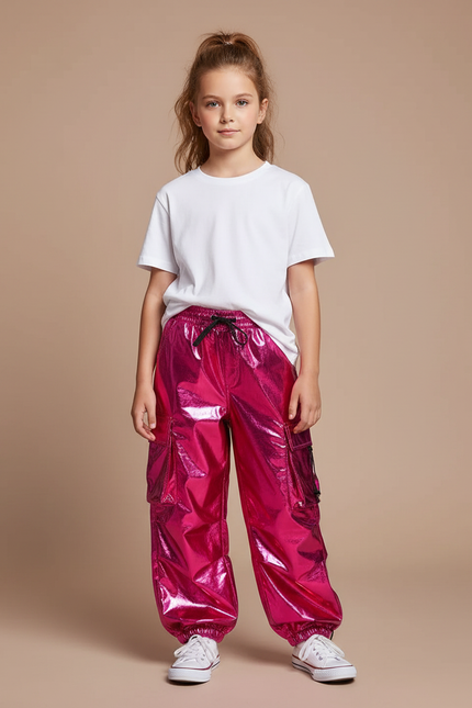 Pantalon Cargo Fuchsia Ample Brillant Fille - Rose Polyester