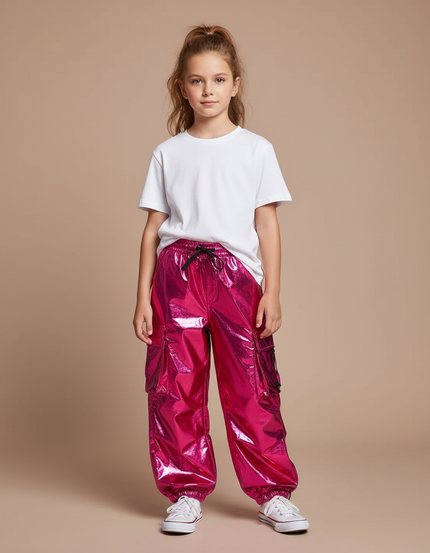Pantalon Cargo Fuchsia Ample Brillant Fille - Rose Polyester