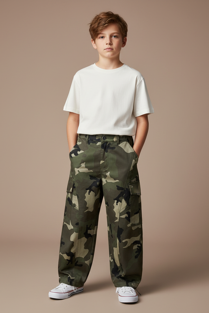 Pantalon Cargo Camouflage Ample Vert Décontracté Enfant - Toile
