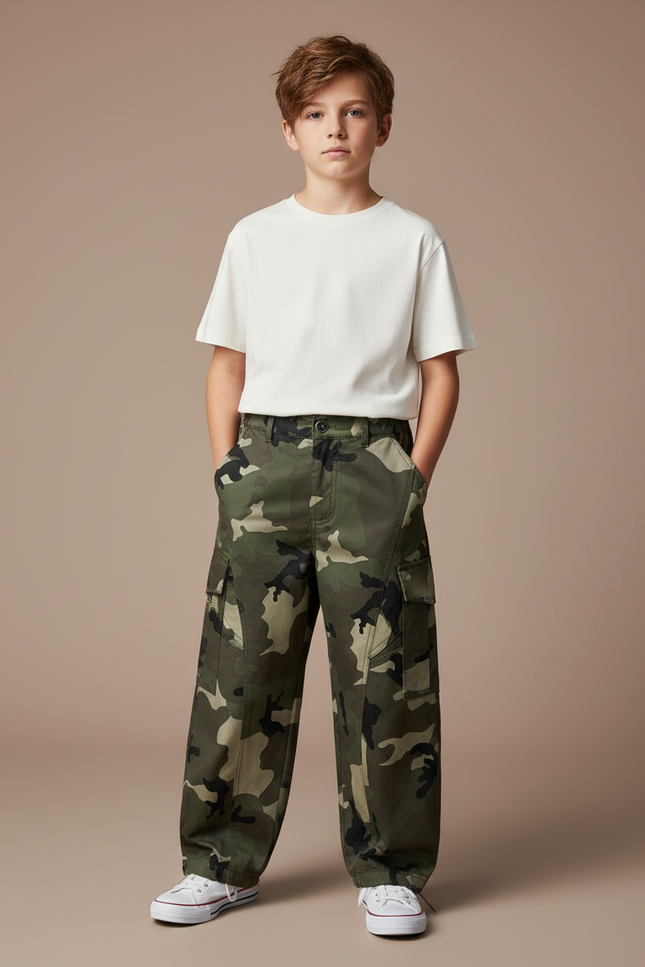 Pantalon Cargo Camouflage Ample Vert Décontracté Enfant - Toile