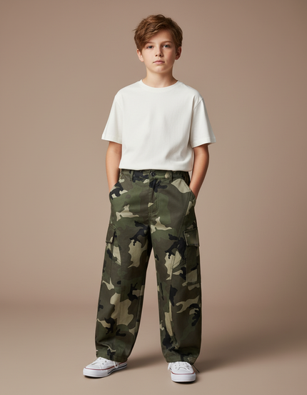 Pantalon Cargo Camouflage Ample Vert Décontracté Enfant - Toile