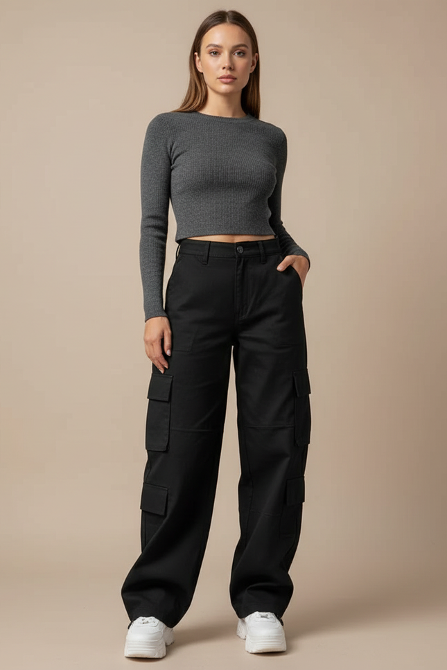 Pantalon Cargo Noir Large Décontracté Poches Multiples - Toile