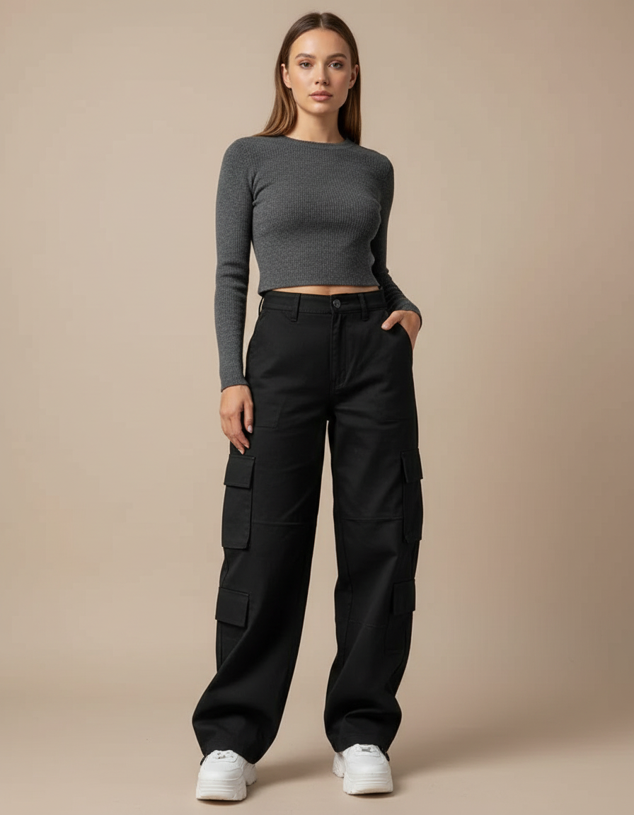 Pantalon Cargo Noir Large Décontracté Poches Multiples - Toile