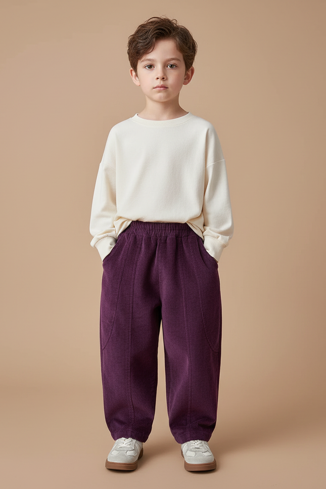 Pantalon Cargo Violet Côtelé Ample Confortable Enfant - Cordé