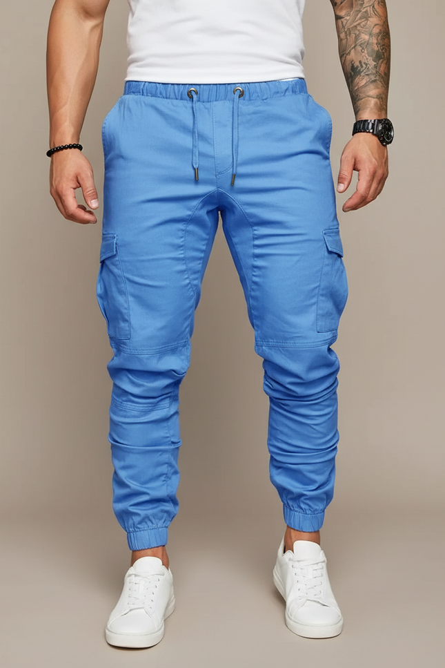 Pantalon Cargo Bleu Ciel Slim Cordon Poches Cheville - Toile