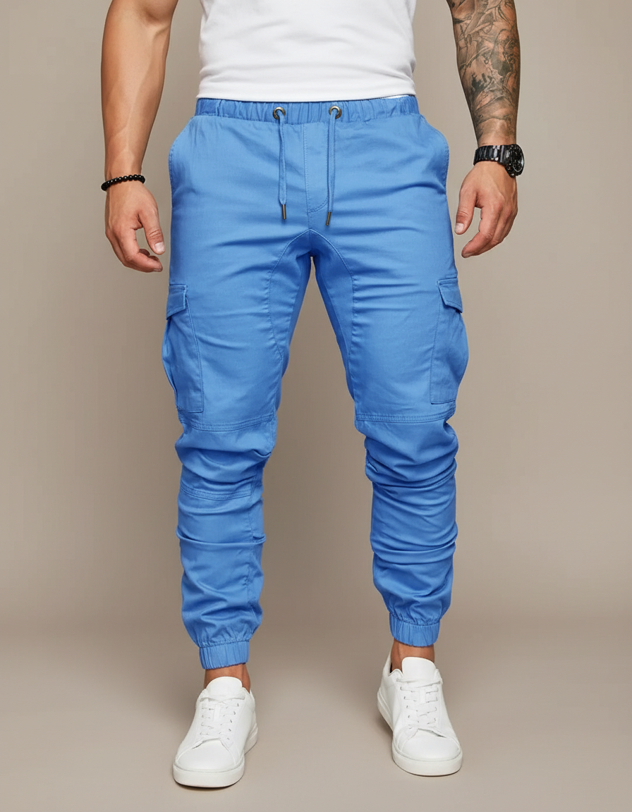 Pantalon Cargo Bleu Ciel Slim Cordon Poches Cheville - Toile