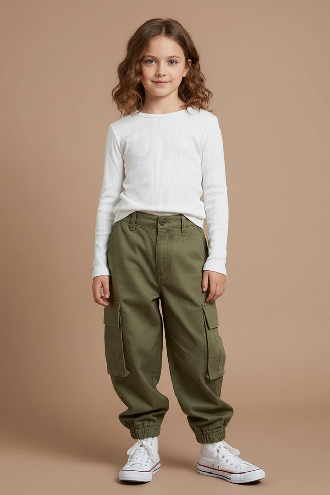 Pantalon Cargo Vert Kaki Ample Poches Latérales Enfant - Toile