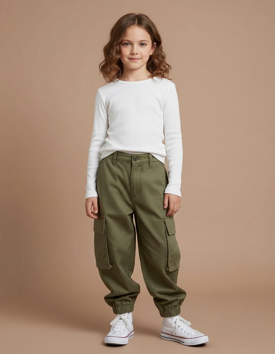 Pantalon Cargo Vert Kaki Ample Poches Latérales Enfant - Toile