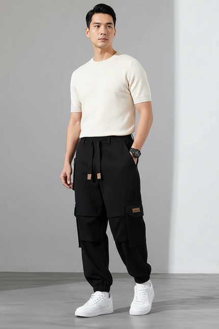 Pantalon Cargo Noir Ample Coton Homme Streetwear