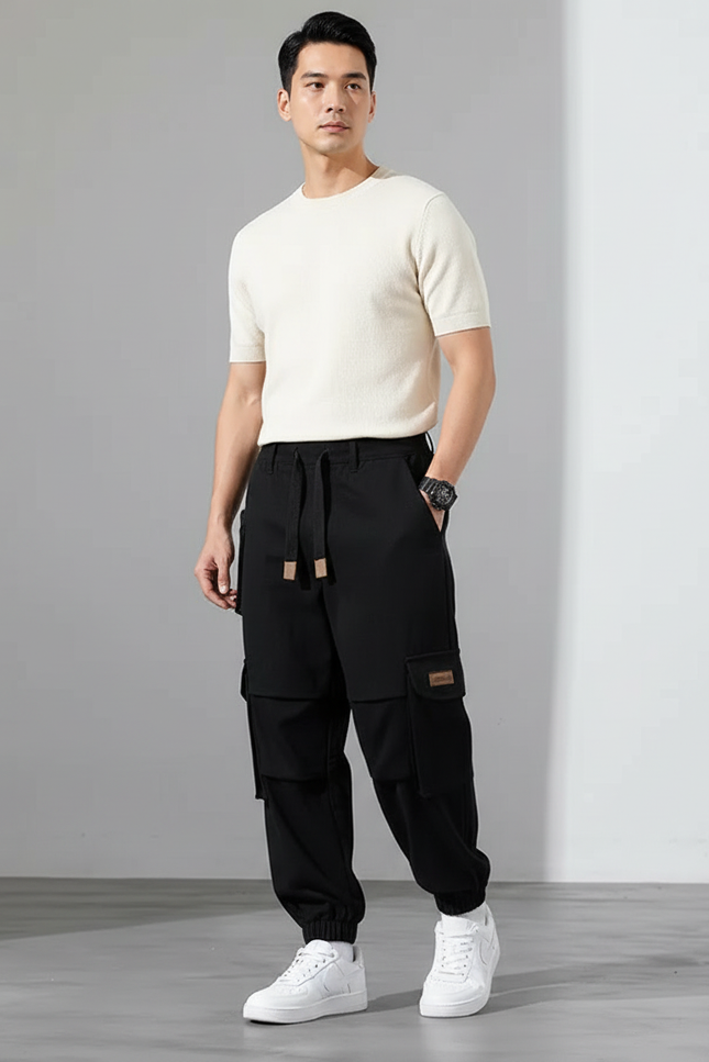 Pantalon Cargo Noir Ample Coton Homme Streetwear