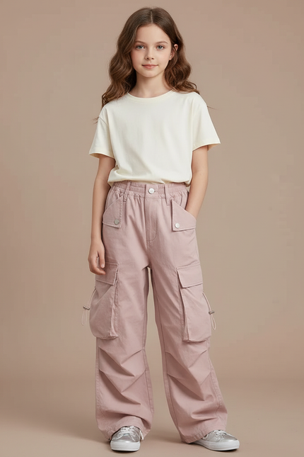 Pantalon Cargo Rose Ample Multipoches Décontracté Enfant - Coton