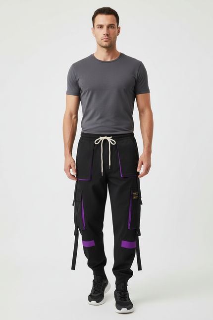 Pantalon Cargo Noir Violet Streetwear Multi-Poches Homme - Polyester
