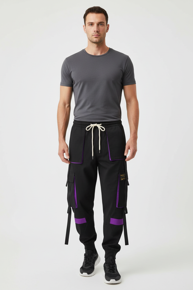Pantalon Cargo Noir Violet Streetwear Multi-Poches Homme - Polyester