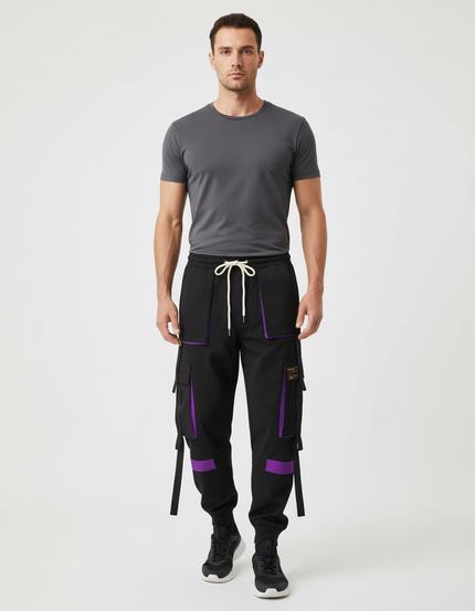 Pantalon Cargo Noir Violet Streetwear Multi-Poches Homme - Polyester