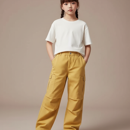 Pantalon Cargo Jaune Ample Décontracté Multipoches Enfant - Toile