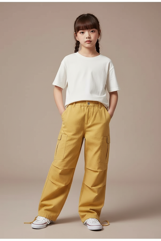 Pantalon Cargo Jaune Ample Décontracté Multipoches Enfant - Toile