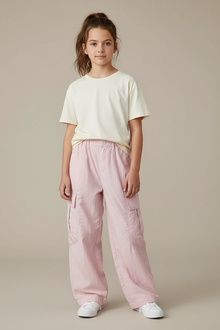 Pantalon Cargo Rose Ample Léger Poches Enfant - Lin