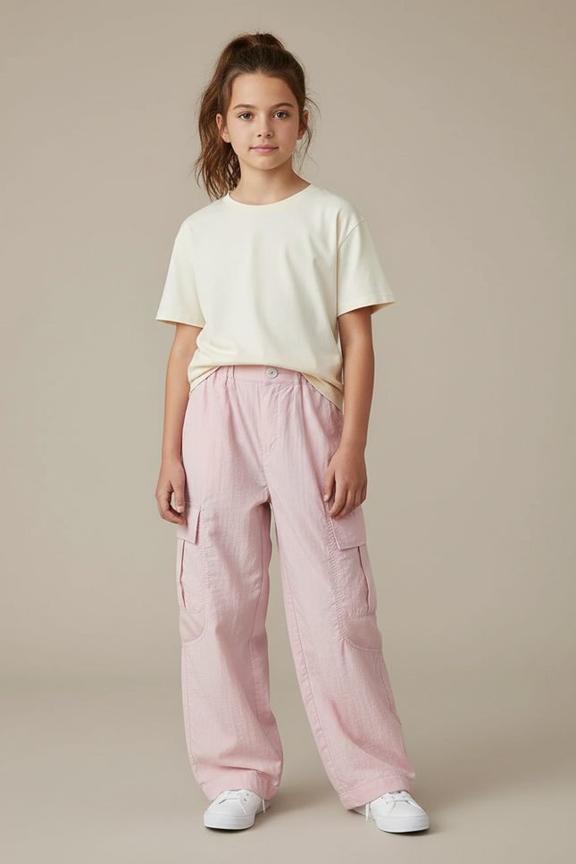 Pantalon Cargo Rose Ample Léger Poches Enfant - Lin