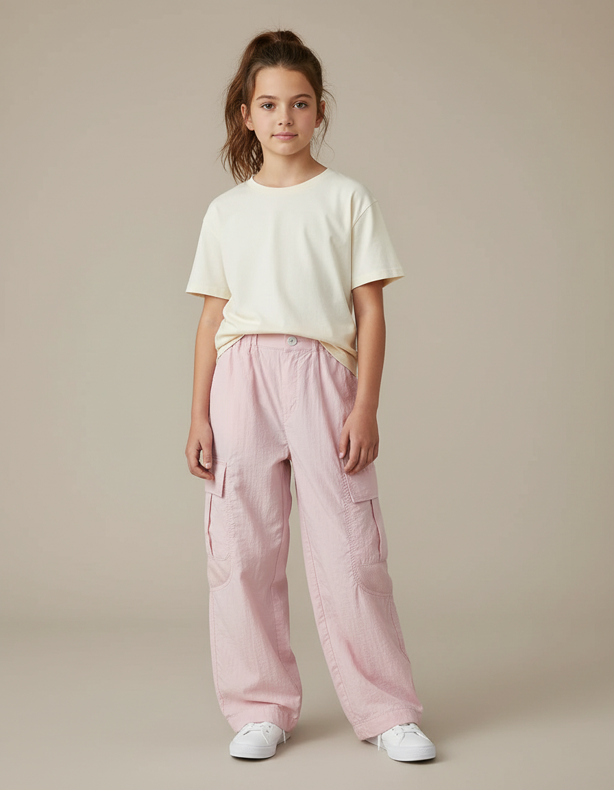 Pantalon Cargo Rose Ample Léger Poches Enfant - Lin