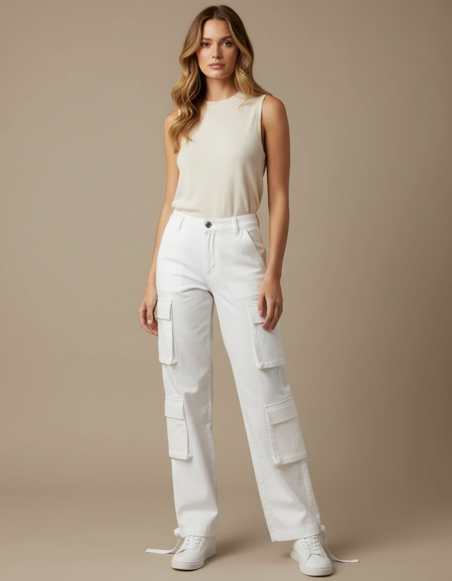 Pantalon Cargo Blanc Ample Multipoches Femme - Jean