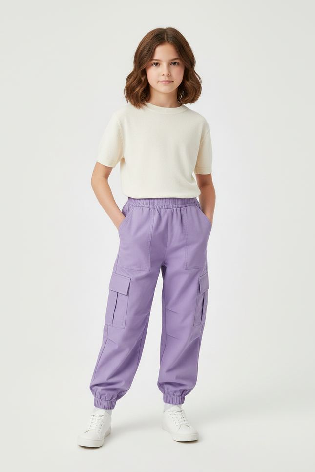 Pantalon Cargo Violet Ample Poches Élastique Fille - Coton