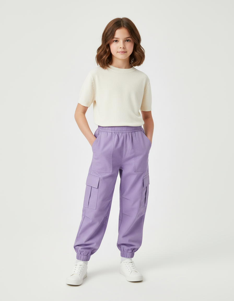 Pantalon Cargo Violet Ample Poches Élastique Fille - Coton
