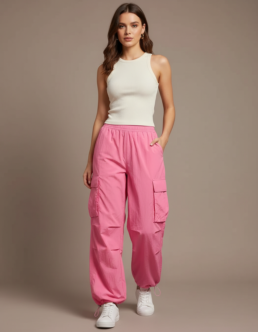 Pantalon Cargo Rose Ample Taille Haute Fluide - Polyester