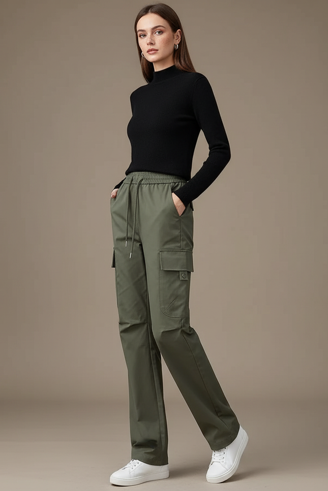 Pantalon Cargo Vert Kaki Ample Multi-Poches Femme - Gabardine