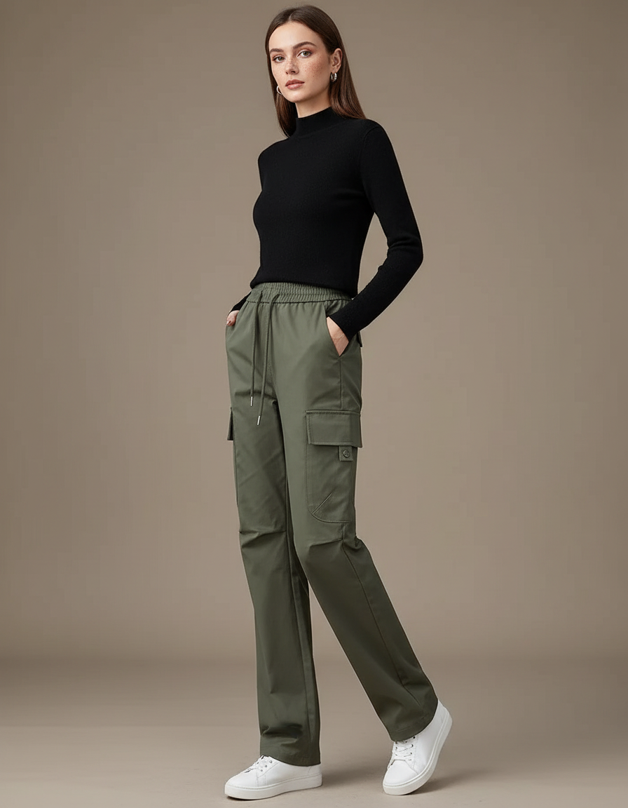 Pantalon Cargo Vert Kaki Ample Multi-Poches Femme - Gabardine