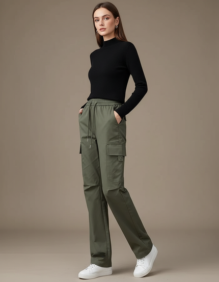 Pantalon Cargo Vert Kaki Ample Multi-Poches Femme - Gabardine
