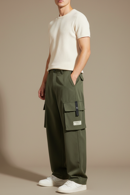 Pantalon Cargo Vert Kaki Ample Décontracté Multipoches Homme - Polyester