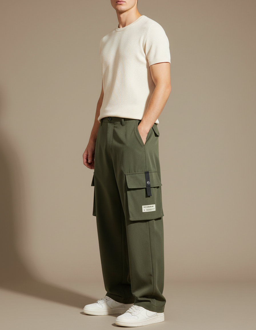 Pantalon Cargo Vert Kaki Ample Décontracté Multipoches Homme - Polyester