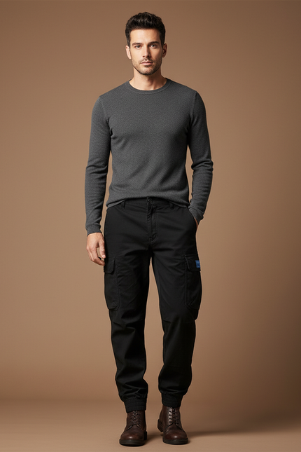 Pantalon Cargo Noir Coton Multipoches Jogger Homme