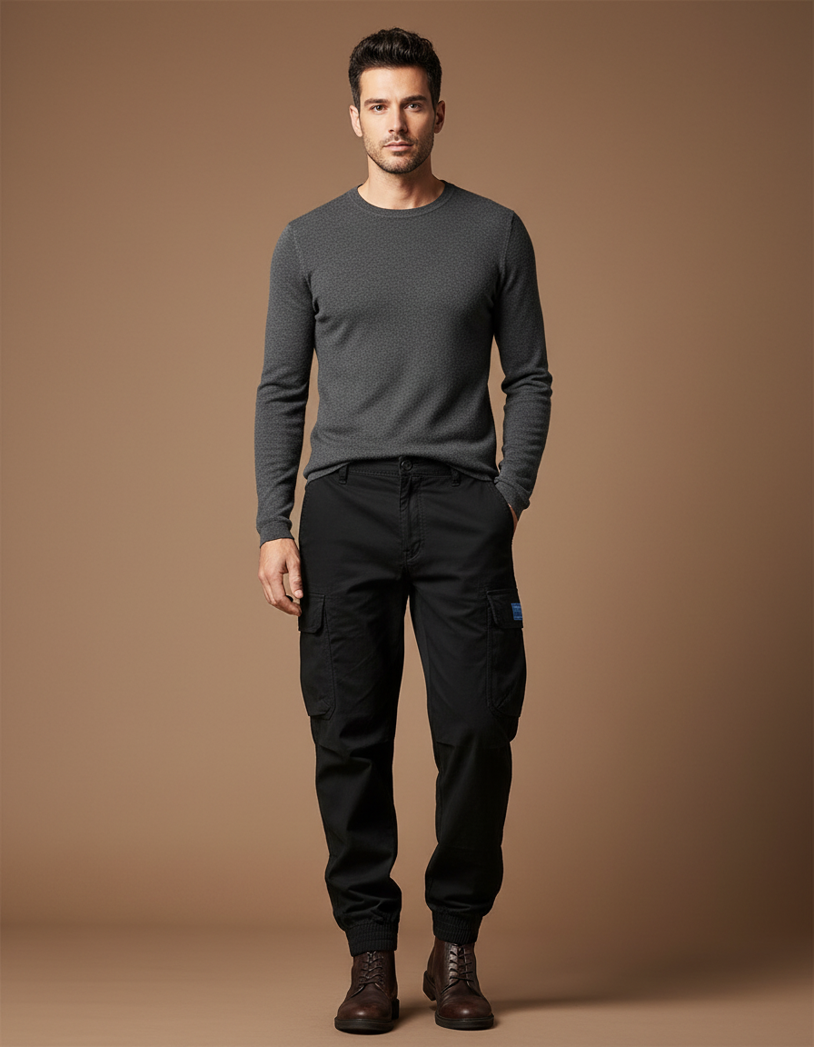 Pantalon Cargo Noir Coton Multipoches Jogger Homme