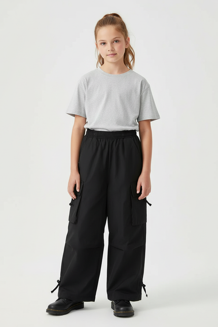 Pantalon Cargo Noir Ample Multipoches Enfant Streetwear - Polyester