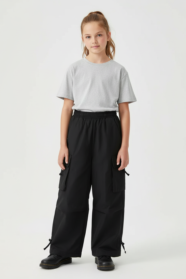 Pantalon Cargo Noir Ample Multipoches Enfant Streetwear - Polyester