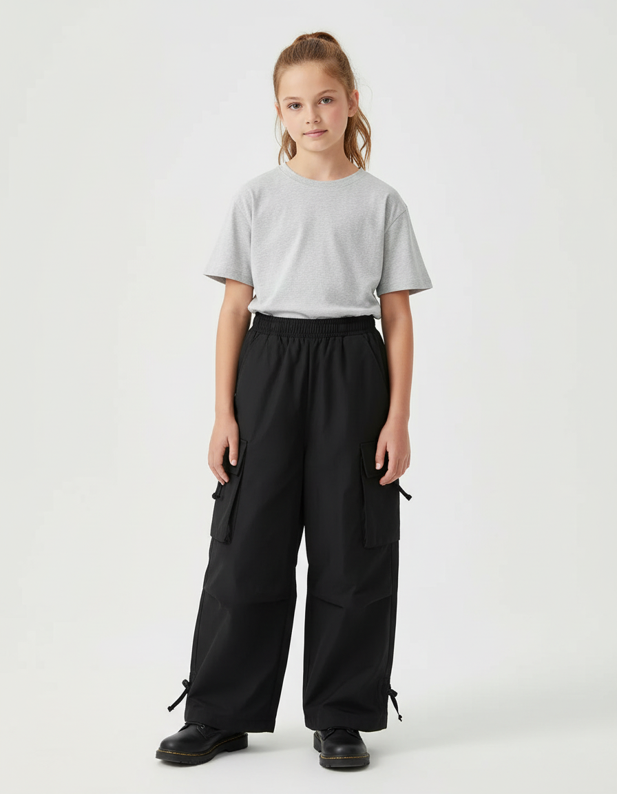 Pantalon Cargo Noir Ample Multipoches Enfant Streetwear - Polyester