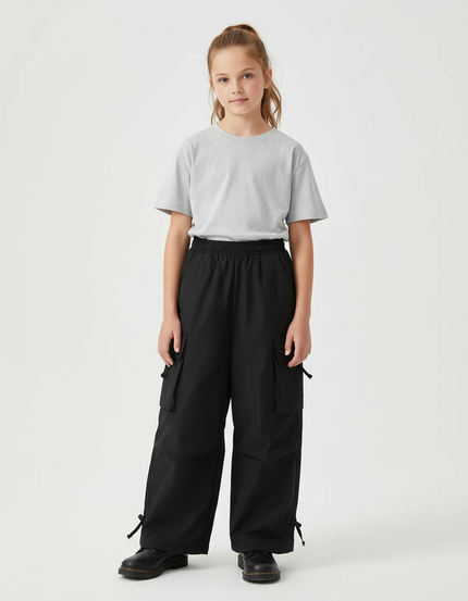 Pantalon Cargo Noir Ample Multipoches Enfant Streetwear - Polyester