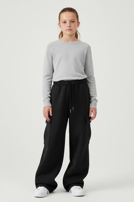 Pantalon Cargo Noir Ample Molletonné Femme Décontracté