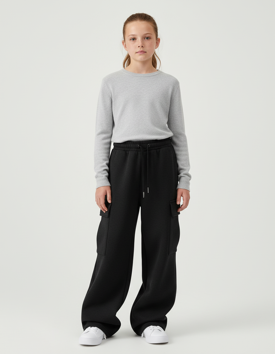 Pantalon Cargo Noir Ample Molletonné Femme Décontracté