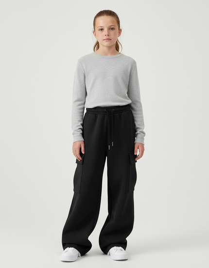 Pantalon Cargo Noir Ample Molletonné Femme Décontracté