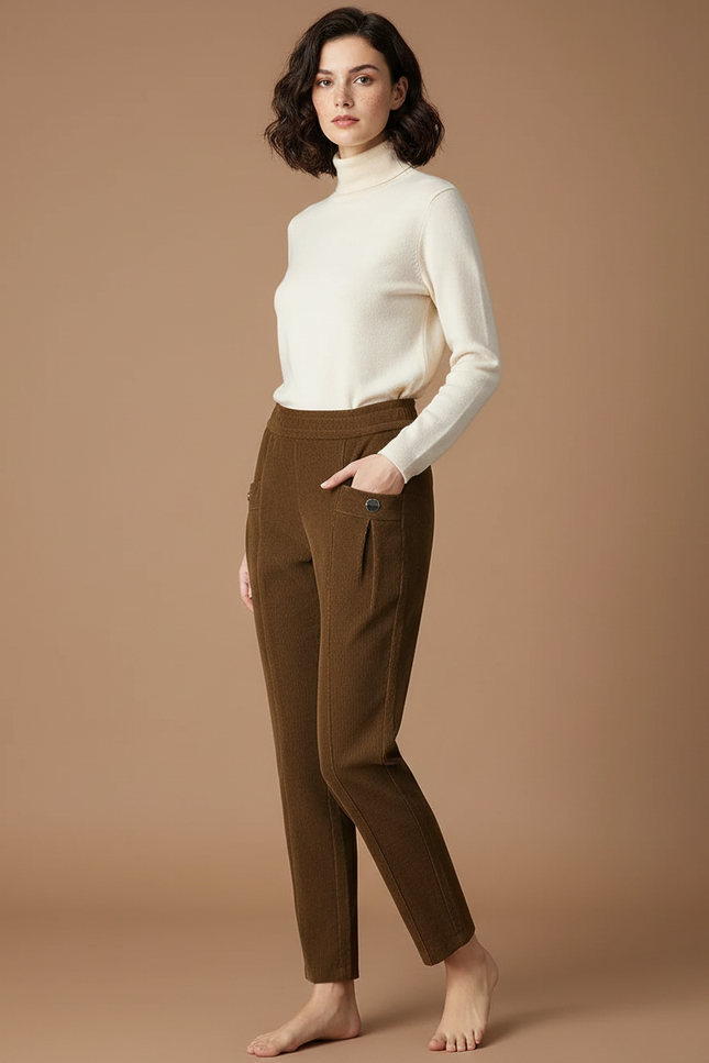 Pantalon Cargo Marron Côtelé Droit Décontracté Femme - Cordé