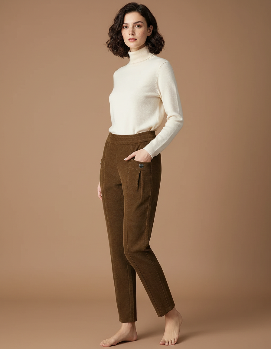 Pantalon Cargo Marron Côtelé Droit Décontracté Femme - Cordé