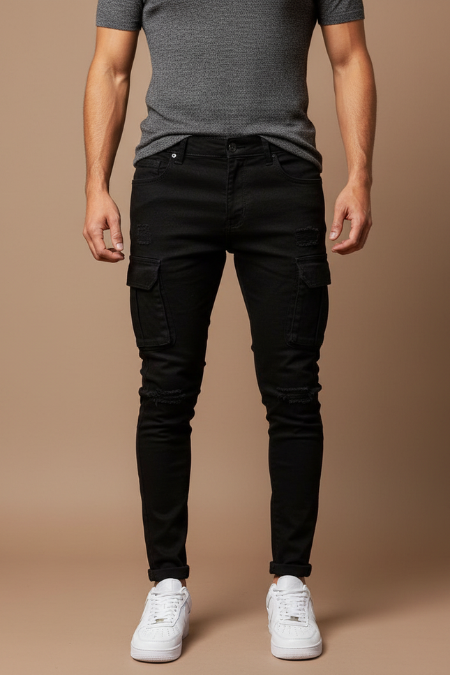 Pantalon Cargo Noir Skinny Délavé Multipoches Homme - Jean