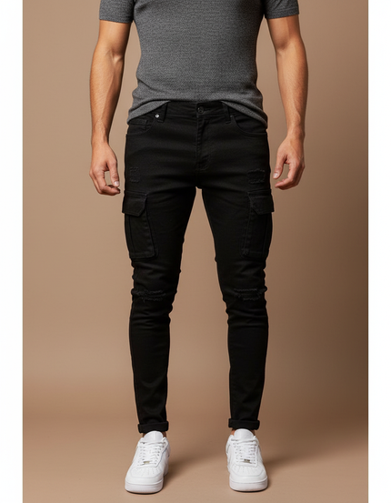 Pantalon Cargo Noir Skinny Délavé Multipoches Homme - Jean