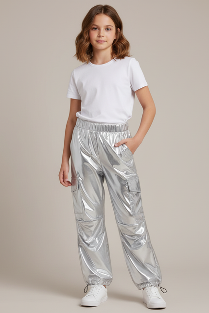Pantalon Cargo Métallisé Argent Ample Fille Brillant - Argenté Polyester