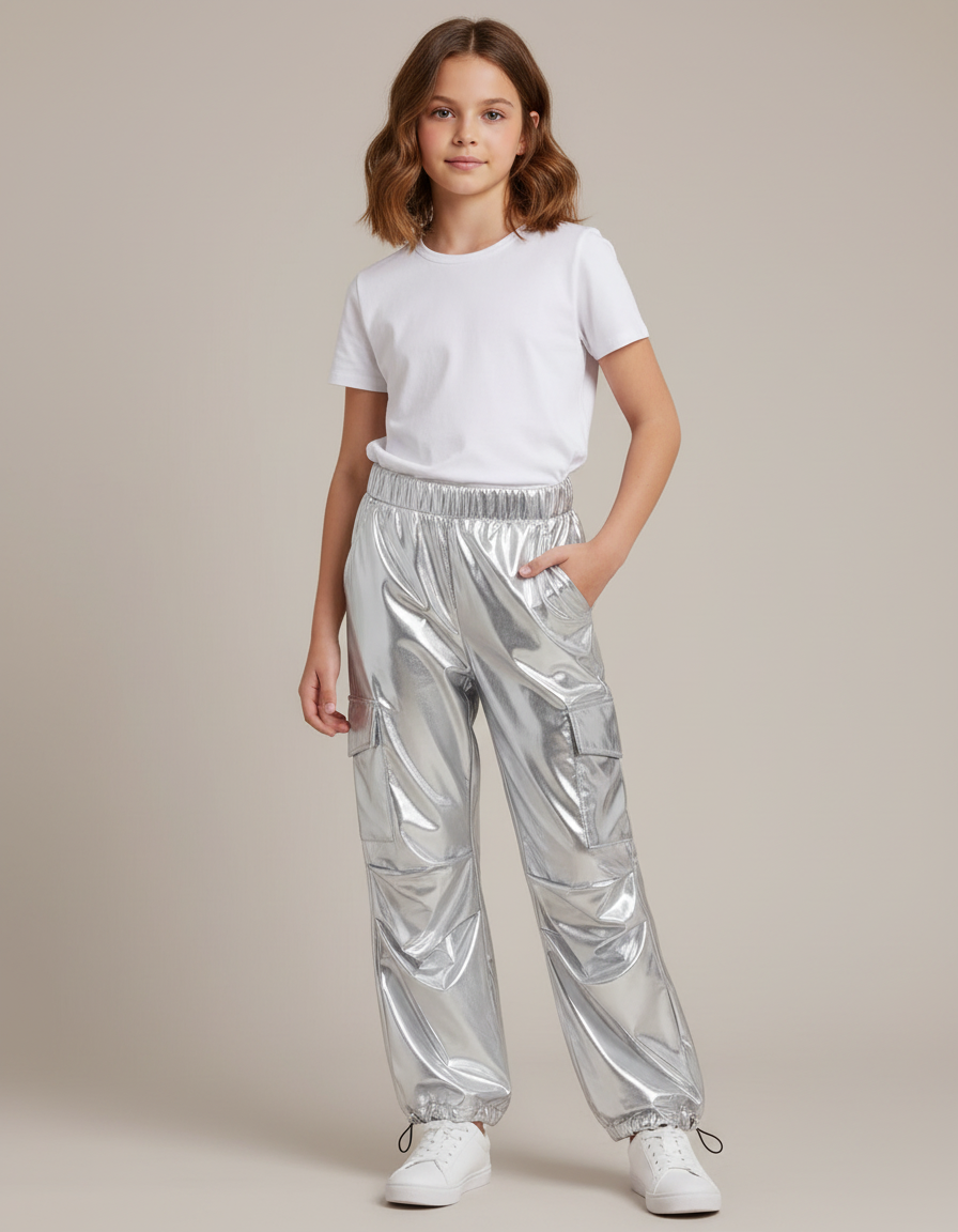 Pantalon Cargo Métallisé Argent Ample Fille Brillant - Argenté Polyester